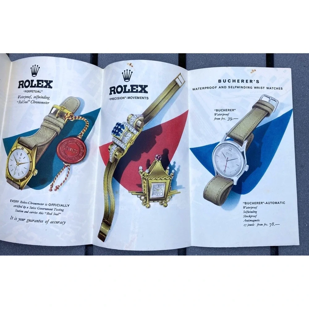Vintage souvenir tourist brochure Lucerne map + Bucherer Rolex watches 1950's